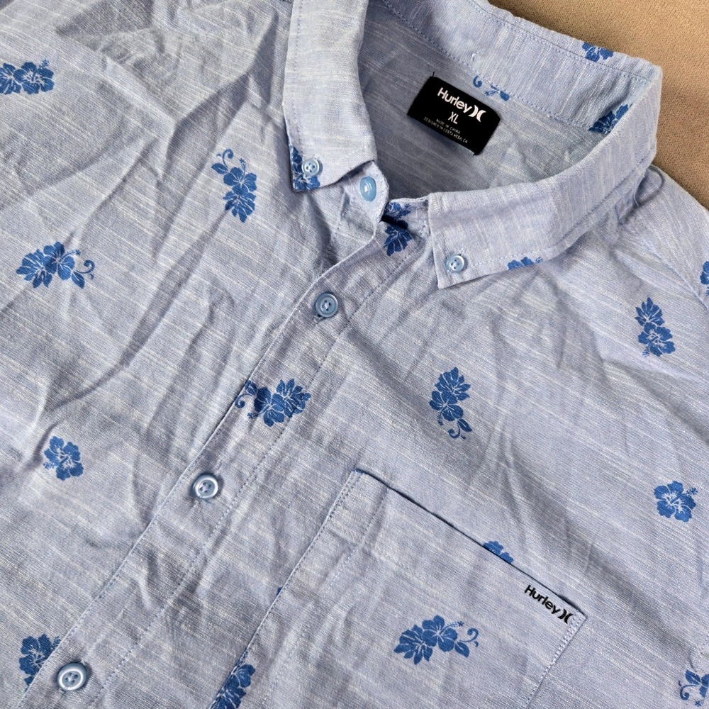 Hurley Mens‎ XL Blue Hibiscus Short Sleeve Button Up Stretch Shirt Hawaiian